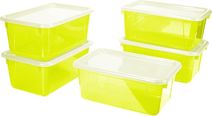 Storex Small Cubby Bins – Plastic Storage Containers for Classroom with Non-Snap Lid, 12.2 x 7.8 x 5.1 inches, Tint Yellow, 5-Pack (62482U05C)