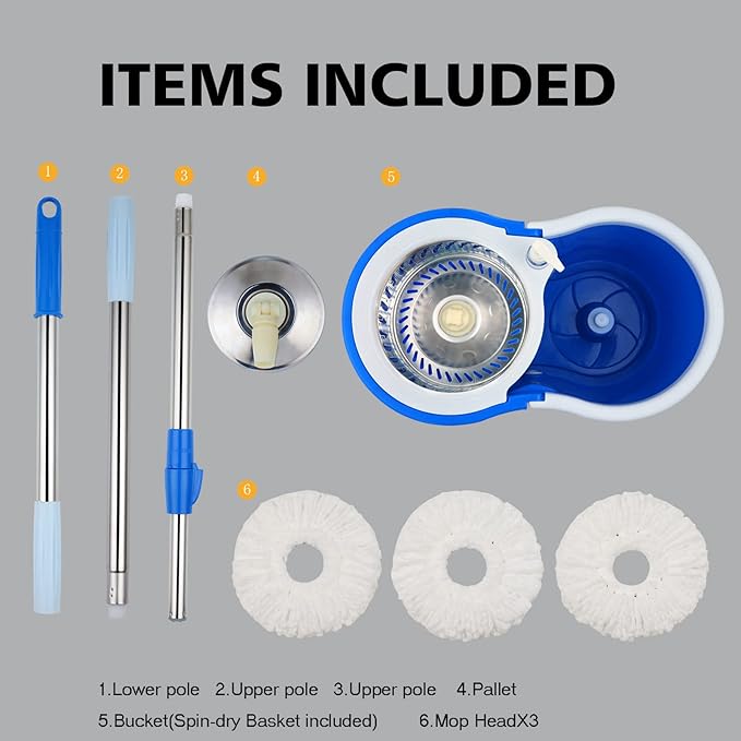 Spin Mop and Bucket with Wringer Set, 360° Spin Mop & Bucket Floor Cleaning System Mop Bucket with 61" Adjustable Extended Handle 3 Replacement Microfiber Refills, Set of 2