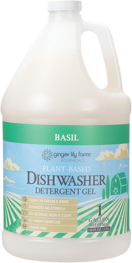 Ginger Lily Farms Botanicals Plant-Based Dishwasher Detergent Gel, 100% Vegan & Cruelty-Free, Basil Scent, 1 Gallon Refill (Pack of 4)