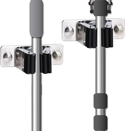 Mop and Broom Holder Wall Mount, 2PCS Heavy Duty Stainless Steel Broom Hanger Wall Mounted Broom Organizer Garage Organization Tool Organizer Storage for Laundry Room Home Garden Garage