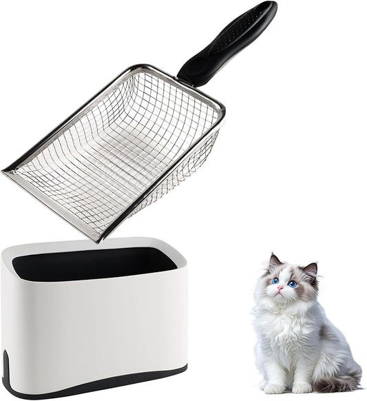 Cat Litter Scooper with Holder-Quick Sift Cat Litter Scoop Broom and Dustpan Set-Heavy Duty Stainless Steel Litter Scoop with Coarse and Fine Grid-Easy Clean-No Residual Odors
