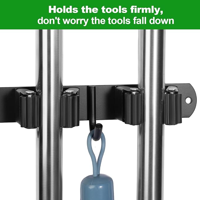 Mop and Broom Holder Wall Mount, 3 Racks with 4 Hooks, Stainless Steel Broom Organizer, Self Adhesive or Screw Mounted, Heavy Duty Storage for Home Kitchen Laundry Garage (silver)