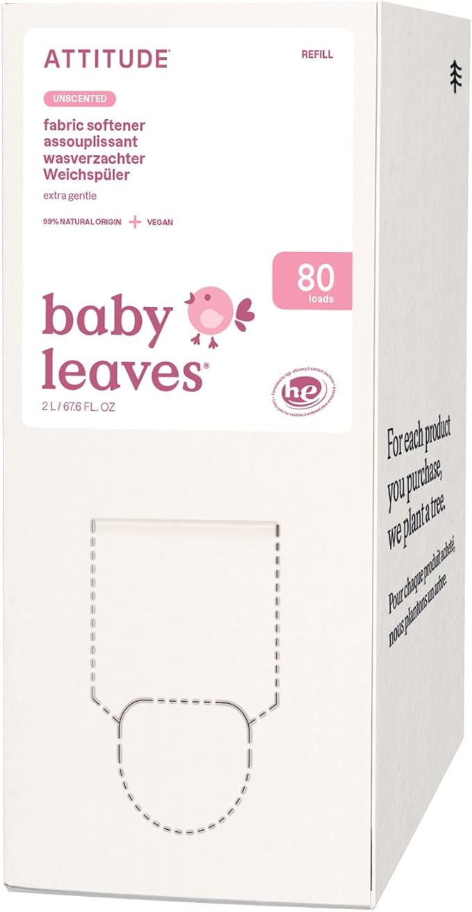 ATTITUDE Baby Fabric Softener, Plant and Mineral-Based Ingredients, HE Compatible, Vegan and Cruelty-free Laundry and Household Products, Unscented, Bulk Refill, 80 Loads, 67.6 Fl Oz