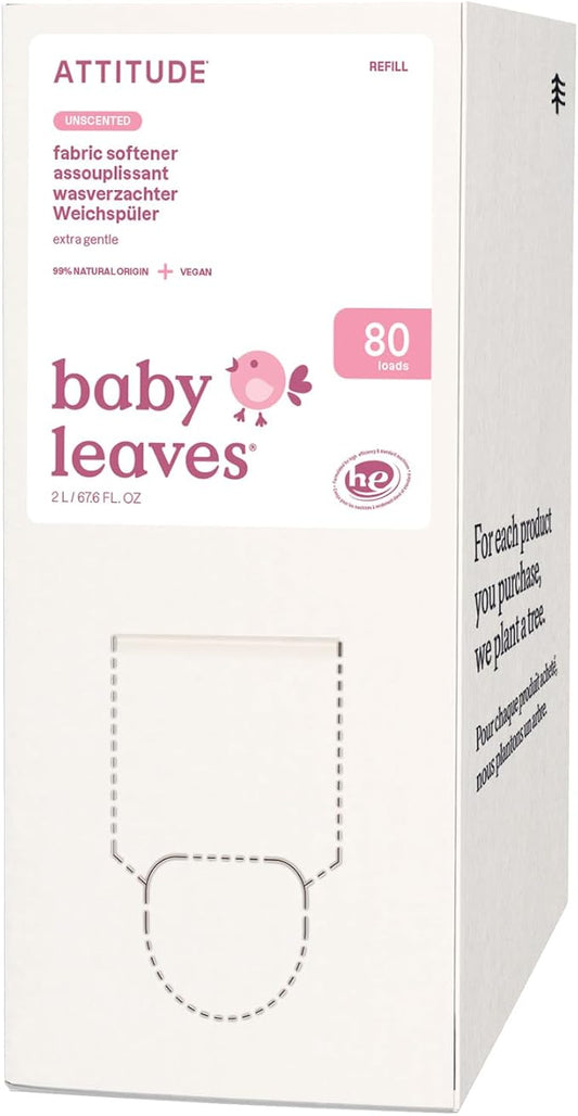 ATTITUDE Baby Fabric Softener, Plant and Mineral-Based Ingredients, HE Compatible, Vegan and Cruelty-free Laundry and Household Products, Unscented, Bulk Refill, 80 Loads, 67.6 Fl Oz