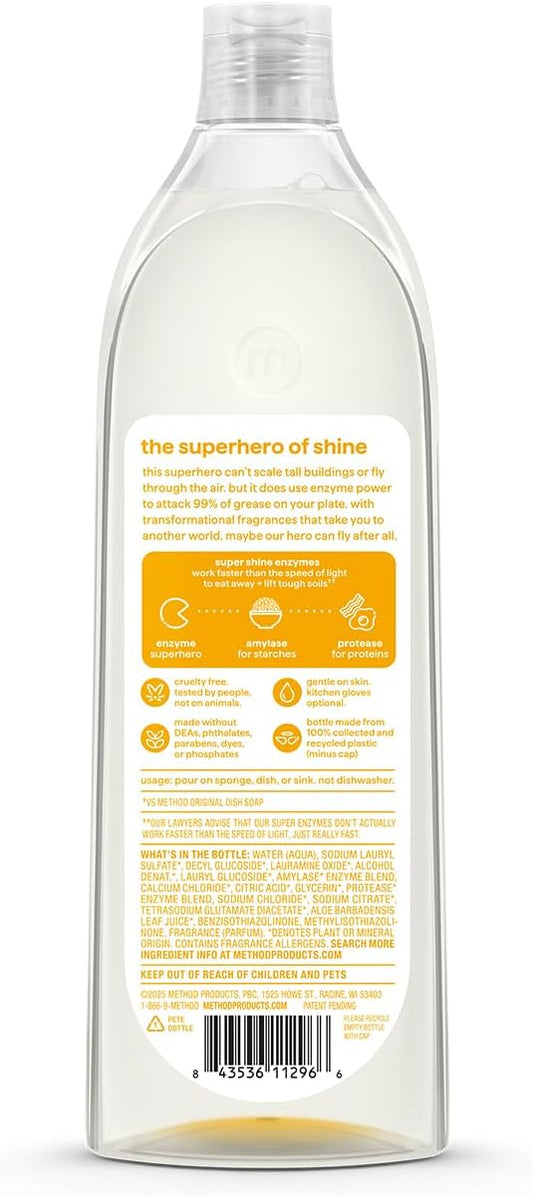 Method Super Shine Liquid Dish Soap, Powered by Enzymes, Coastal Citron Scented, 16 fl oz