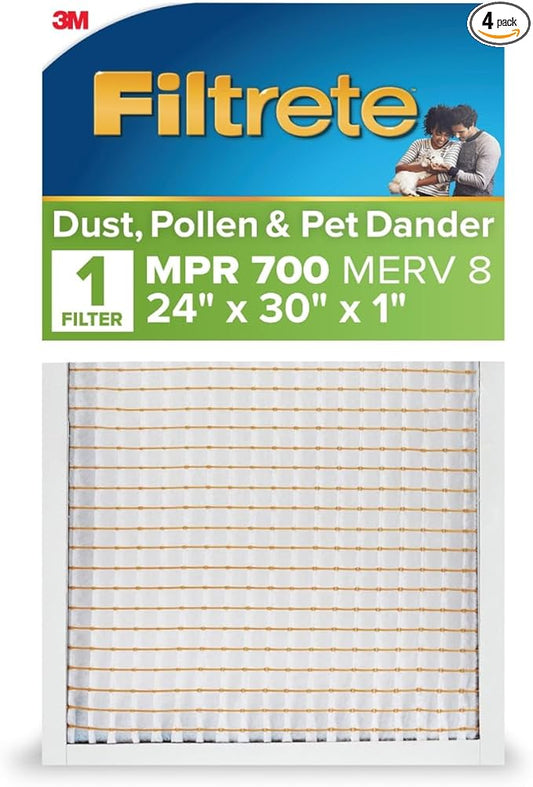 Filtrete 24x30x1 AC Furnace Air Filter, MPR 700, MERV 8, Tough on Pollen, Easy on Airflow, 3-Month Pleated 1-Inch Electrostatic Air Cleaning Filter, 4-Pack (Actual Size 23.81 x 29.81 x 0.81 in)