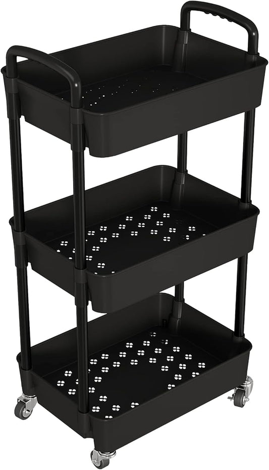 Laiensia 3-Tier Storage Carts,Multifunction Utility Rolling Cart Kitchen Storage Organizer,Mobile Shelving Unit Cart with Lockable Wheels for Bathroom,Laundry,Living Room,With Classified Sticker,Black