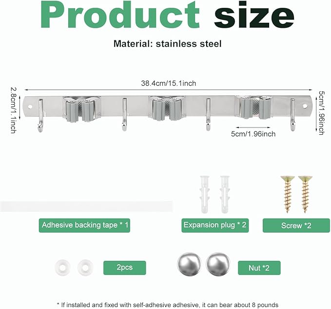 1Pcs 3 Racks 4 Hooks Stainless Steel Broom Mop Holder Anti Slip Wall Mount Broom Storage Rack Strong Load Bearing Waterproof Mop Organizer for Bathroom Kitchen Garage