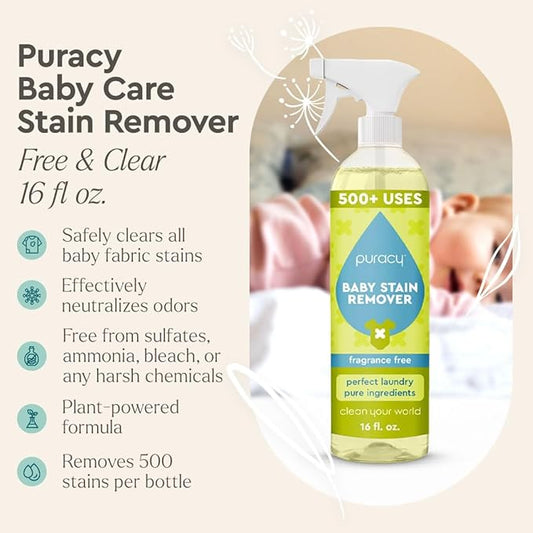 Puracy Stain Remover for Baby Clothes and Cloth Diapers, Newborn Baby Essentials Must Haves, Enzyme-Based Laundry Spray, Natural Spot and Odor Cleaner, 16 Oz