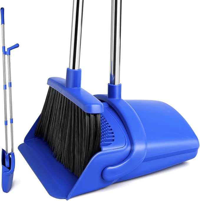 Broom and Dustpan Set, Long Handle Lightweight Dustpans with Broom Combo for Home, Indoor&Outdoor Sweeping for Home Room Kitchen Office Lobby (Dark Blue)
