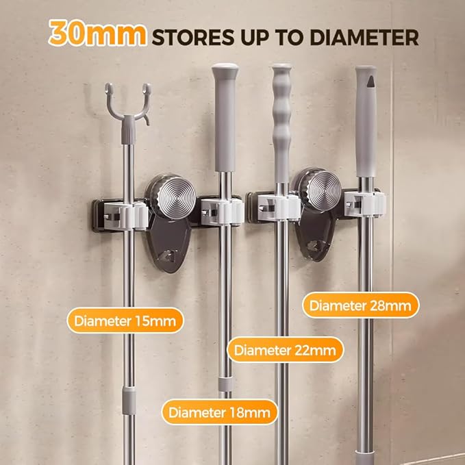 Broom Holder Mop Hanger, 2026 New No punching required Broom Hanger Organizer for Bathroom, Kitchen, Office，Utility Room，Laundry Room,Home Garden, Garage Storage and Organization Rack (Gray)