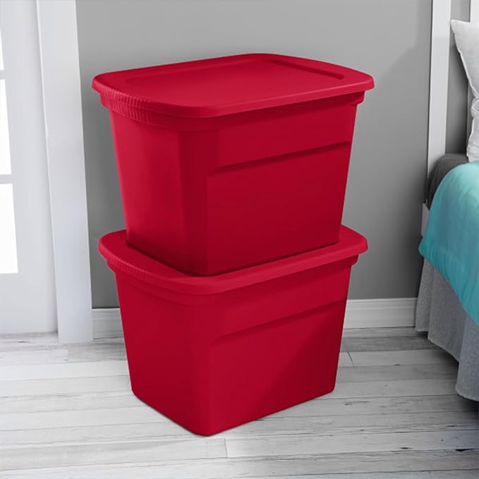Sterilite 18 Gallon Stackable Storage Tote Container, Seasonal Home Decor, and Garage Organizer Bin with Lid, Red (16 Pack)