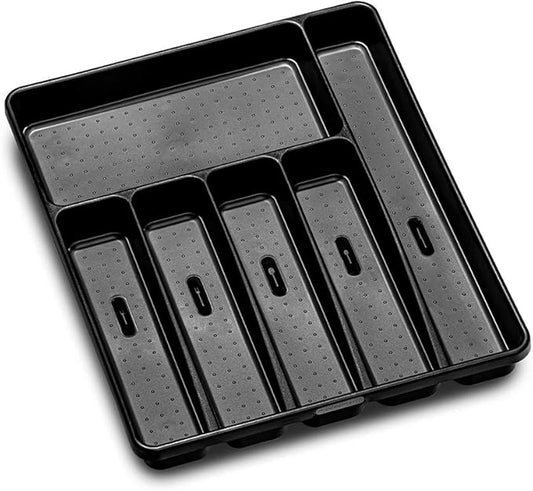 madesmart Premium Silverware Tray, 6 Compartment Flatware Organizer for Forks, Knives & Spoons, Non Slip, Soft Grip Lining, Durable Drawer Organizer, Black