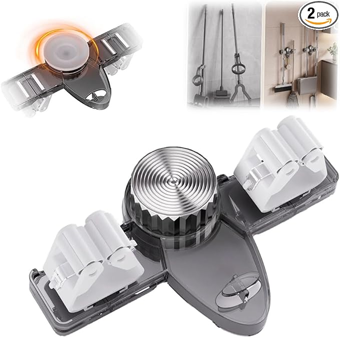 Broom Holder Mop Hanger, 2025 New No Drill Suction Cup Adjustable Organizer with Hooks, Space Saving Removable Wall Mount Organization Rack for Bathroom Kitchen Garage Laundry Room (2, Grey)