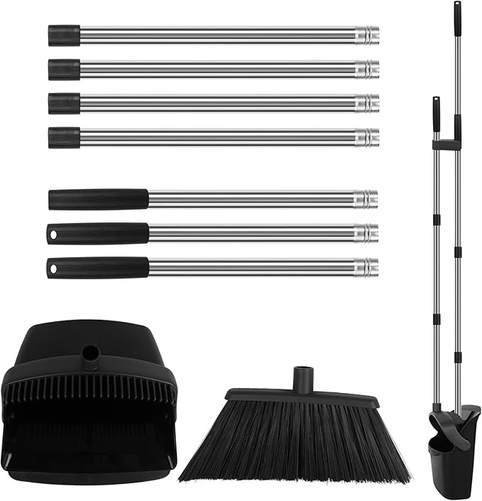 Upgraded Broom and Dustpan Set, 55" Long Handle Black Large Broom with Dustpan Combo Set，Self Cleaning Dustpan for Lobby Kitchen Office Restaurant
