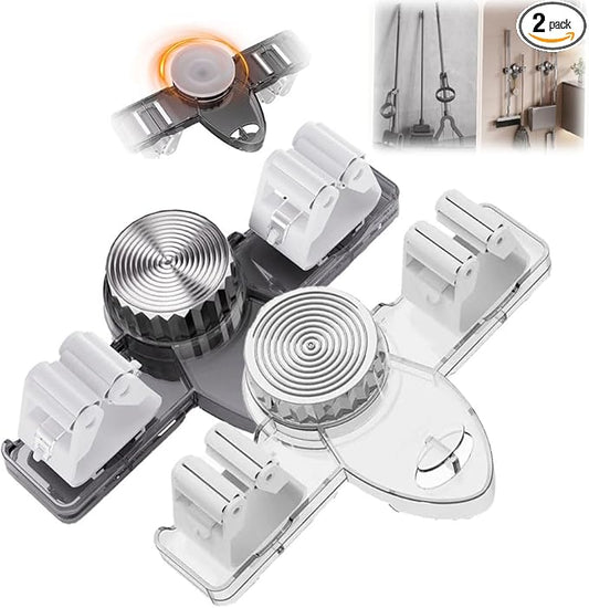 Broom Holder Mop Hanger, 2025 New No Drill Suction Cup Adjustable Organizer with Hooks, Space Saving Removable Wall Mount Organization Rack for Bathroom Kitchen Garage Laundry Room (2, White+Grey)