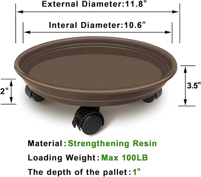 2 Pack of Plant Pallet Caddy with Wheels, Round Flower Pot Mover, Indoor Rolling Planter Dolly on Wheels, Outdoor Planter Trolley Tray Coaster, Brown