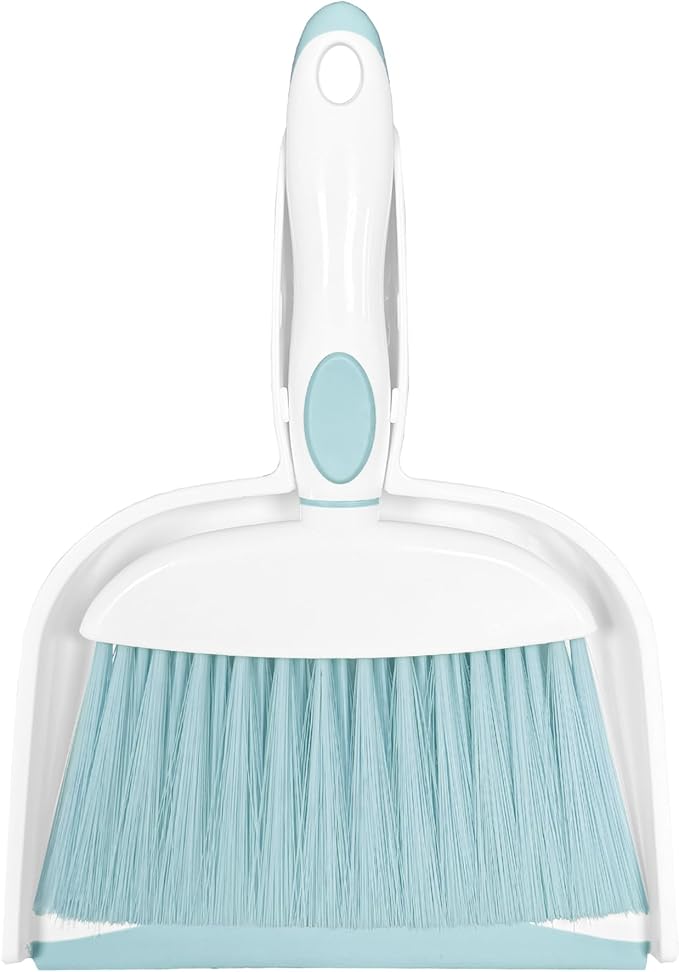 Mini Broom and Dustpan Set Small Broom with Dustpan Combo Set Portable Cleaning Tools for Home Office RV Learning Camping (White+Blue)