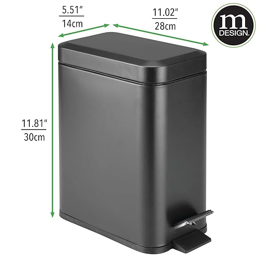 mDesign Metal Freestanding Slim Toilet Bowl Brush and Holder + Rectangle Narrow 5 Liter / 1.3 Gallon Step Pedal Trash Can Wastebasket for Bathroom - Small, Compact Design - Set of 2 - Black