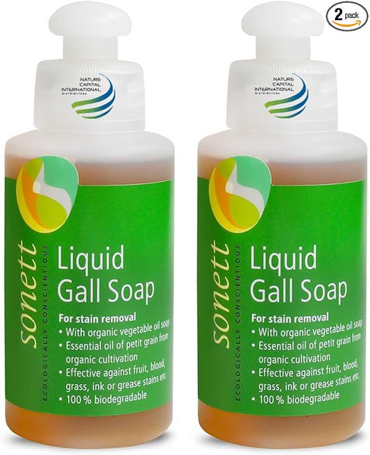 Sonett Organic Liquid Stain Remover For Clothes- Concentrated Laundry Stain Remover Detergent Gall Soap For Deep Cleaning- Highly Effective Against Ink, Blood, Grease, Fruit Stains- 4oz, Pack of 2