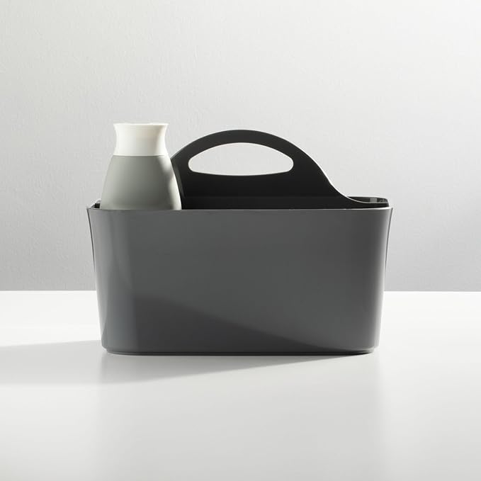 mDesign Small Plastic Shower/Bath Storage Organizer Caddy Tote with Handle for Dorm, Shelf, Cabinet - Hold Soap, Shampoo, Conditioner, Combs, Brushes, Lumiere Collection, Dark Gray (Pack of 2)