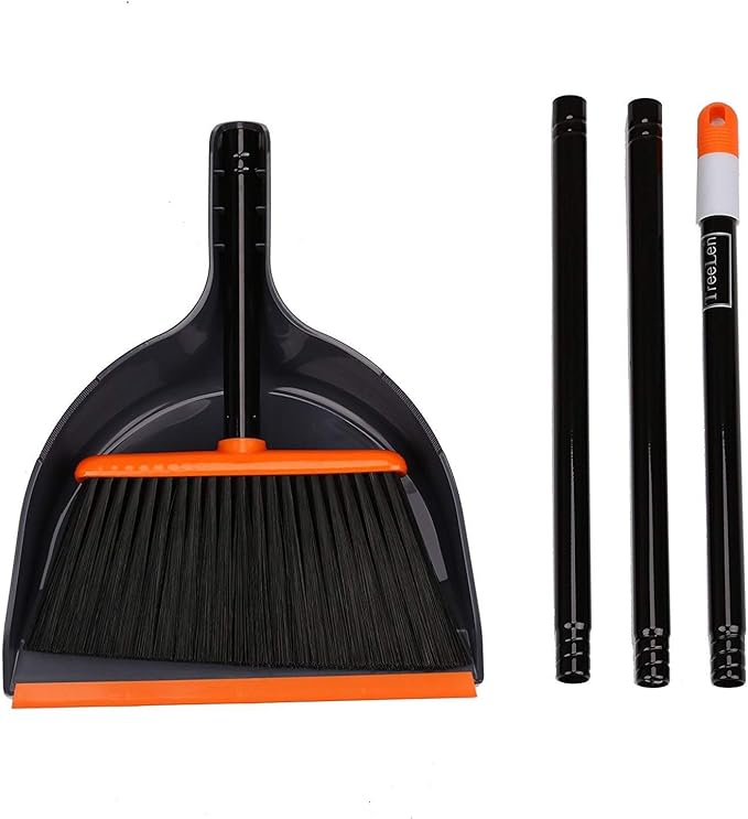 TreeLen Angle Broom and Dustpan Set, Dust Pan Snaps On Broom Handles Orange