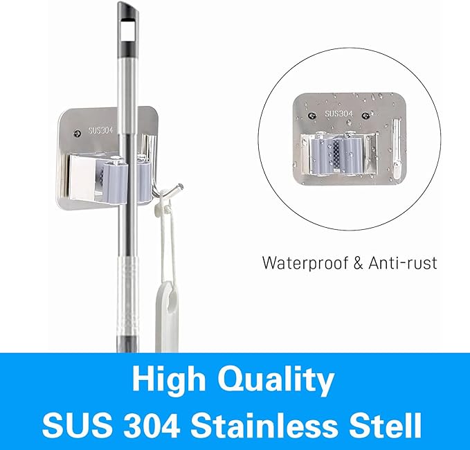 5 Pack Mop Broom Holder Wall Mount Screw Drilling, Stainless Steel Heavy Duty Organizer Hanger Tool Rack for Bathroom Kitchen Garage Laundry Office, Silver