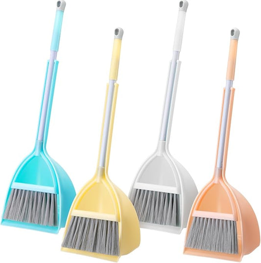 Roshtia 4 Pcs Mini Broom with Dustpan for Kids Broom and Dustpan Set Toddler Cleaning Set Boys Girls Small Cleaning for Kitchen Bathroom Pet (Yellow,Red,Green,Hoary)