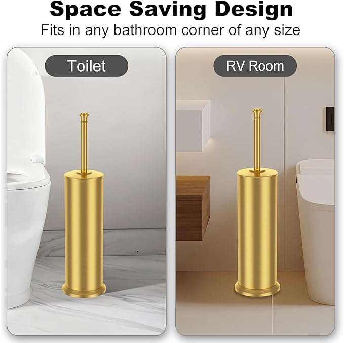Brass Toilet Brush and Holder，Long Handled Gold Toilet Brush for Bathroom，Stainless Steel Heavy Duty Toilet Bowl Brush,Removable Inner Bowl,Deep Cleaning Dense Bristles Cleaner Brush -Space Saving