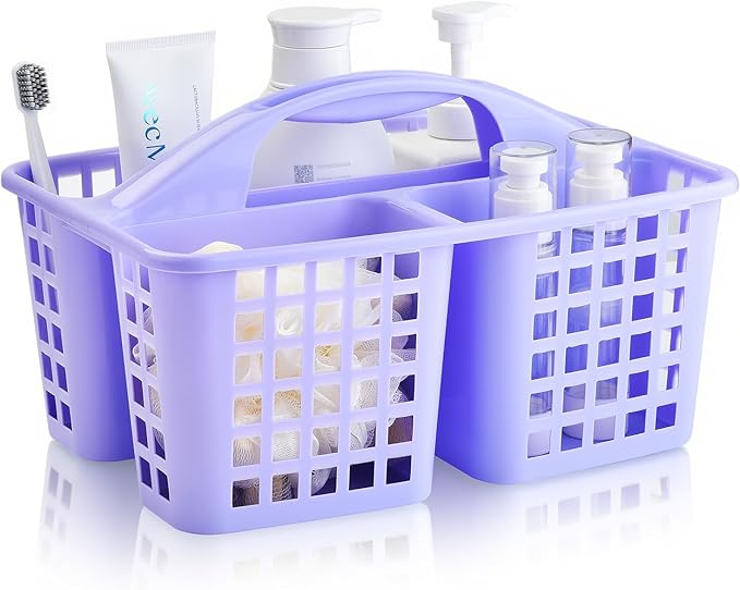 Haundry Plastic Shower Caddy Basket with 3 Compartments, Portable Divided Cleaning Supply Storage Organizer with Handle (Purple)