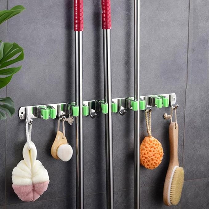SEIWEI Mop and Broom Holder Wall Mounted Organizer Mop and Broom Storage Tool Rack with 5 Slots and 6 Hooks for Home Organization, Garden, Basement, Kitchen