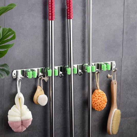 SEIWEI Mop and Broom Holder Wall Mounted Organizer Mop and Broom Storage Tool Rack with 5 Slots and 6 Hooks for Home Organization, Garden, Basement, Kitchen