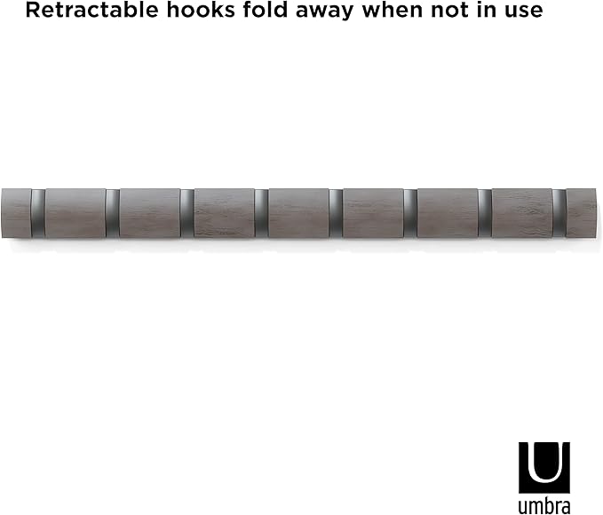 Umbra Flip Wall-Mounted Coat Rack with 8 Hooks – Modern, Space-Saving Storage for Hats, Jackets, Bags, Entryway, Mudroom, Closet, Bathroom, Bedroom – Grey/Pewter