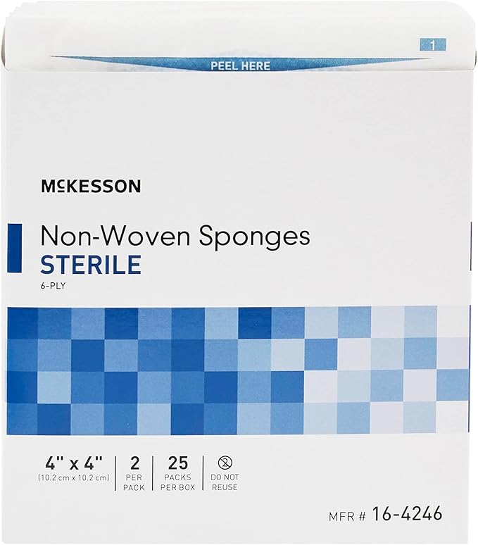 McKesson Non-Woven Sponges, Sterile, 6-Ply, Polyester/Rayon, 4 in x 4 in, 2 per Pack, 25 Packs, 50 Total