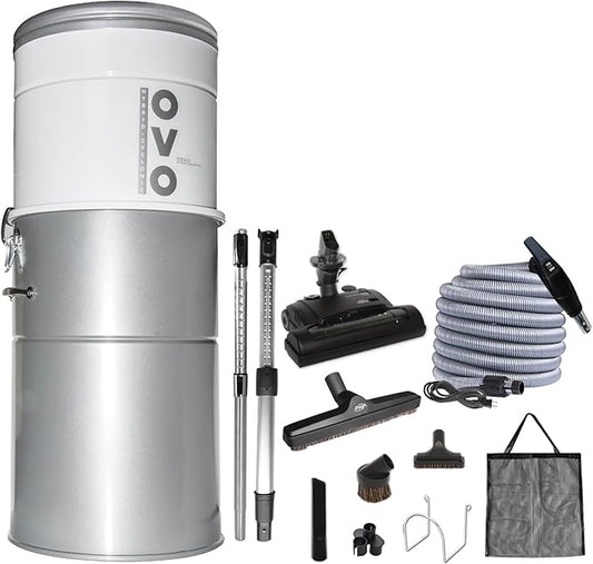 OVO Heavy Duty Powerful Central Vacuum System, Hybrid Filtration (with or Without Disposable Bags) 35L or 9.25Gal, 750 Airwatts with 35ft Carpet Deluxe Accessory kit Included