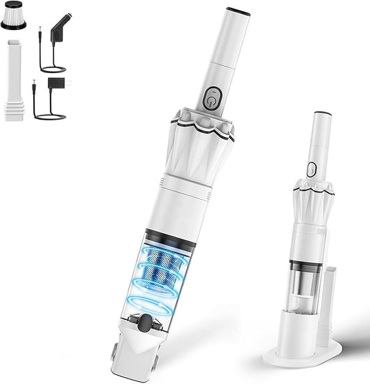 Handheld Vacuum Cordless 25000PA, Super Lightweight 1lb with Powerful Suction, Charging Dock, Car Charger, Single Touch Empty and Detachable Dust Cup, Portable Mini Car Vac, White