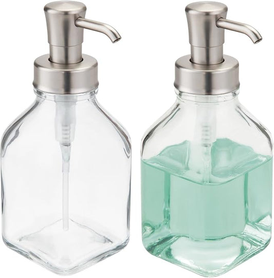 mDesign Square Glass Refillable Liquid Soap Dispenser Pump Bottle for Bathroom Vanity Countertop, Kitchen Sink - Holds Hand Soap, Dish Soap, Hand Sanitizer, Essential Oils - 2 Pack - Clear/Brushed