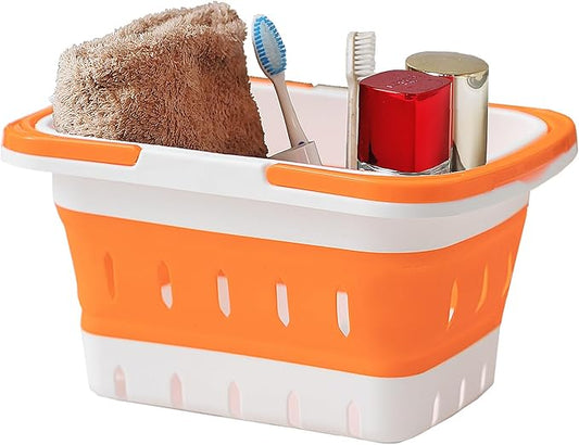 Portable Folding Plastic Bath Caddy with Handle, Perforated, Travel Bathroom Organizer for Bedroom, Bathroom, Shower, Dorm Room, Camping and RV Use (Orange, 1 pack)