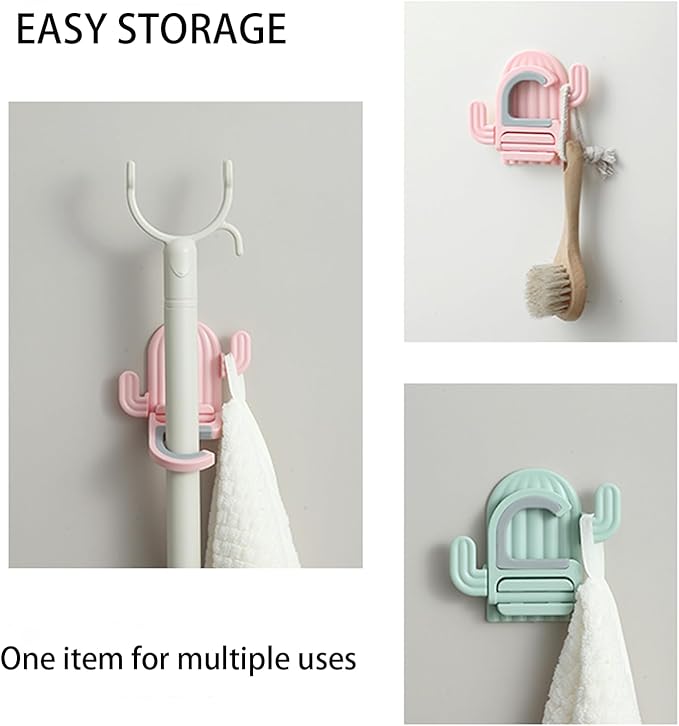 4 Pack Broom and Mop Holder Wall Mount，Cute Cactus Wall Utility Hooks No Drill Mop and Broom GripperDecorative Hanging Holder for Bathroom Kitchen