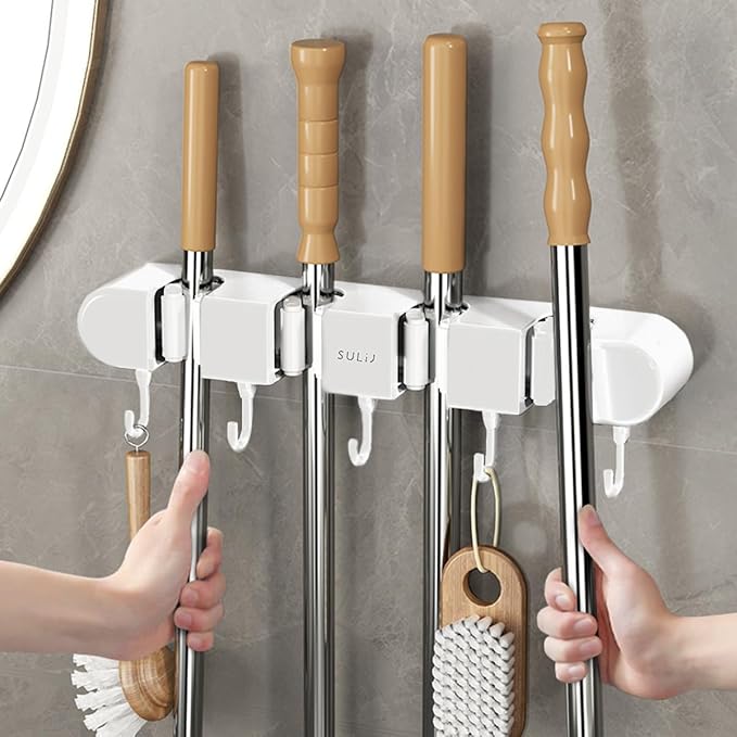 Mop Broom Holder Wall Mounted, 5 Racks and 4 Hooks Punch Free Mop and Broom Holder Wall Mount Broom Rack, Heavy Duty Hooks Self Adhesive Solid Non-slip for Home Kitchen Garden Laundry (2, White)