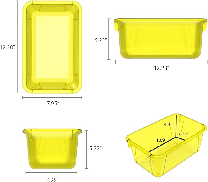 Storex Small Cubby Bins – Plastic Storage Containers for Classroom with Non-Snap Lid, 12.2 x 7.8 x 5.1 inches, Tint Yellow, 5-Pack (62482U05C)