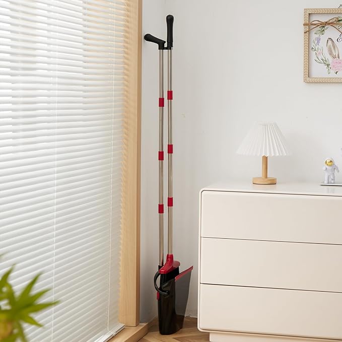 Broom and Dustpan Set Lightweight Upright Lobby Broom and Dust Pan Combo with Long Handle Outdoor Indoor for Home Kitchen Room Office (Red and Black)