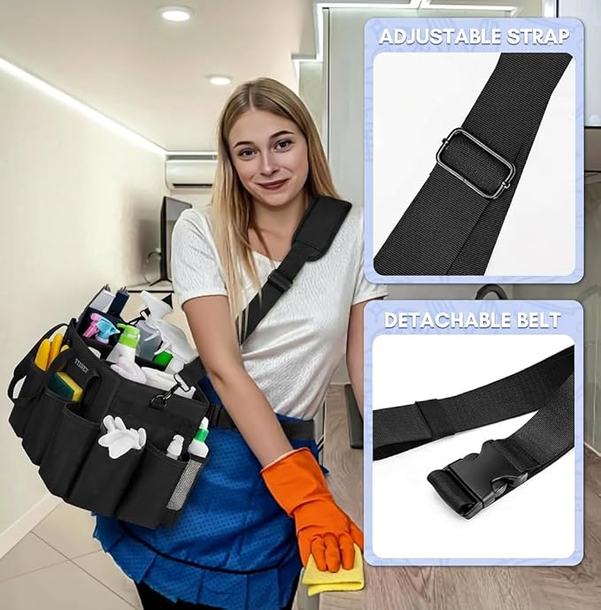Ytonet Wearable Cleaning Caddy Bag, Large Cleaning Supplies Organizer with 4 Foldable Dividers, Caddy Organizer with Handle & Shoulder Strap & Waist Strap for Cleaners & Housekeepers, Black Grey