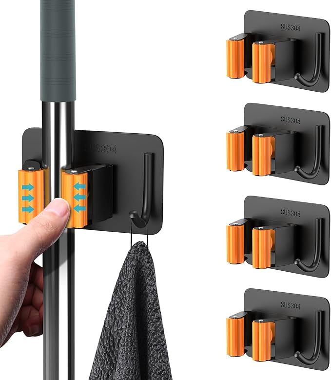 Mop Broom Holder No Drill, Mop Broom Organizer Wall Mounted Heavy Duty with Hooks Hanger, Self Adhesive Stainless Steel 4Pcs for Bathroom, Kitchen, Office (Orange)
