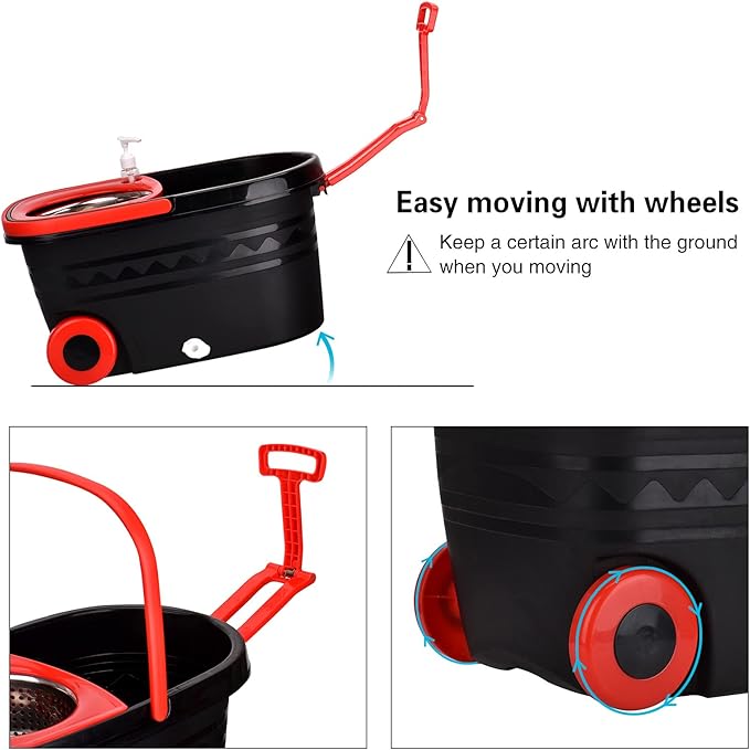 Mop Bucket Set, 360 Spin Stainless Steel Spin Mop Bucket System with 3 Mop Heads, for Floor Cleaning