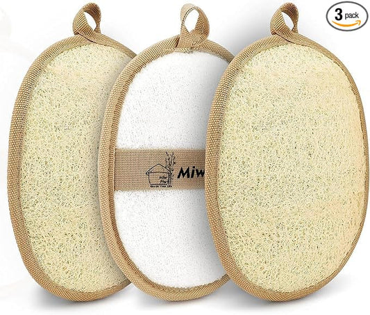 Natural Loofah Exfoliating Body Scrubber (Pack 3), Loofah Bath Sponge, Luffa for Women and Men, 100% Biodegradable Compostable, Dye Free, Zero Waste Eco Friendly Sustainable (4" x 5.5" Each)