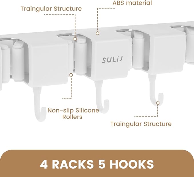 3PCS Broom Holder Wall Mount, No-Drilling Self-Adhesive Mop and Broom Storage Rack (4 Racks with 5 Hooks),Wall-Mounted Broom Hanger for Bathroom, Kitchen, Closet, Garage, White