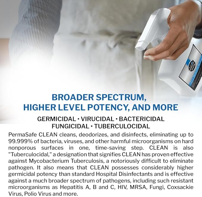 PermaSafe CLEAN 1-Step Disinfectant, Deodorizer & All-Purpose Cleaner; Soft, Hard & Food Surface Sanitizer; Kills 99.9% of Bacteria, Viruses, Molds, and Fungi - Child, Pet, Planet & All Surface Safe