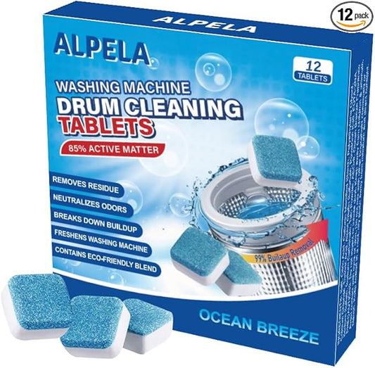 Washing Machine Cleaner Descaler | Deep Cleaning Tablets For HE Front & Top Load Washer, Septic Safe Eco-Friendly Deodorizer, Clean Inside Drum and Laundry Tub Seal (Ocean Breeze - 12 Count)