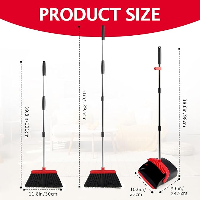 Broom and Dustpan Set with Long Handle, Heavy Dust Broom and Dustpan Combo for Home，Kitchen, Office, Pet Hair 2PCS (Black Red)